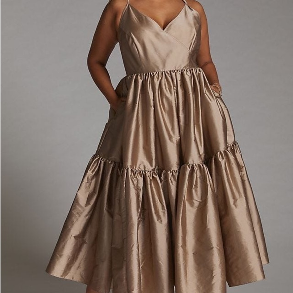 Anthropologie Bloni Gold Tiered V Neck Maxi Dress